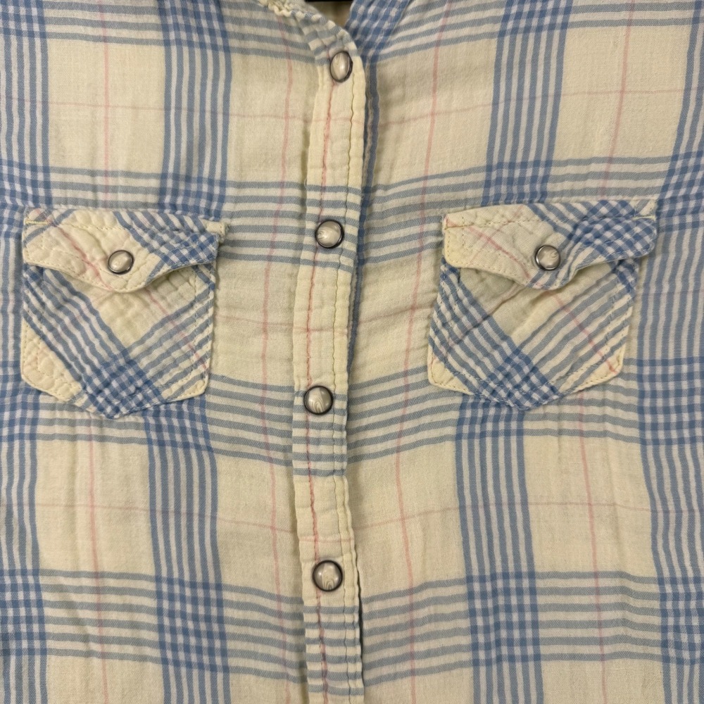 American Eagle Womens Plaid Snap Front Western Gauze Shirt Yellow Blue Size 10 - Picture 10 of 15